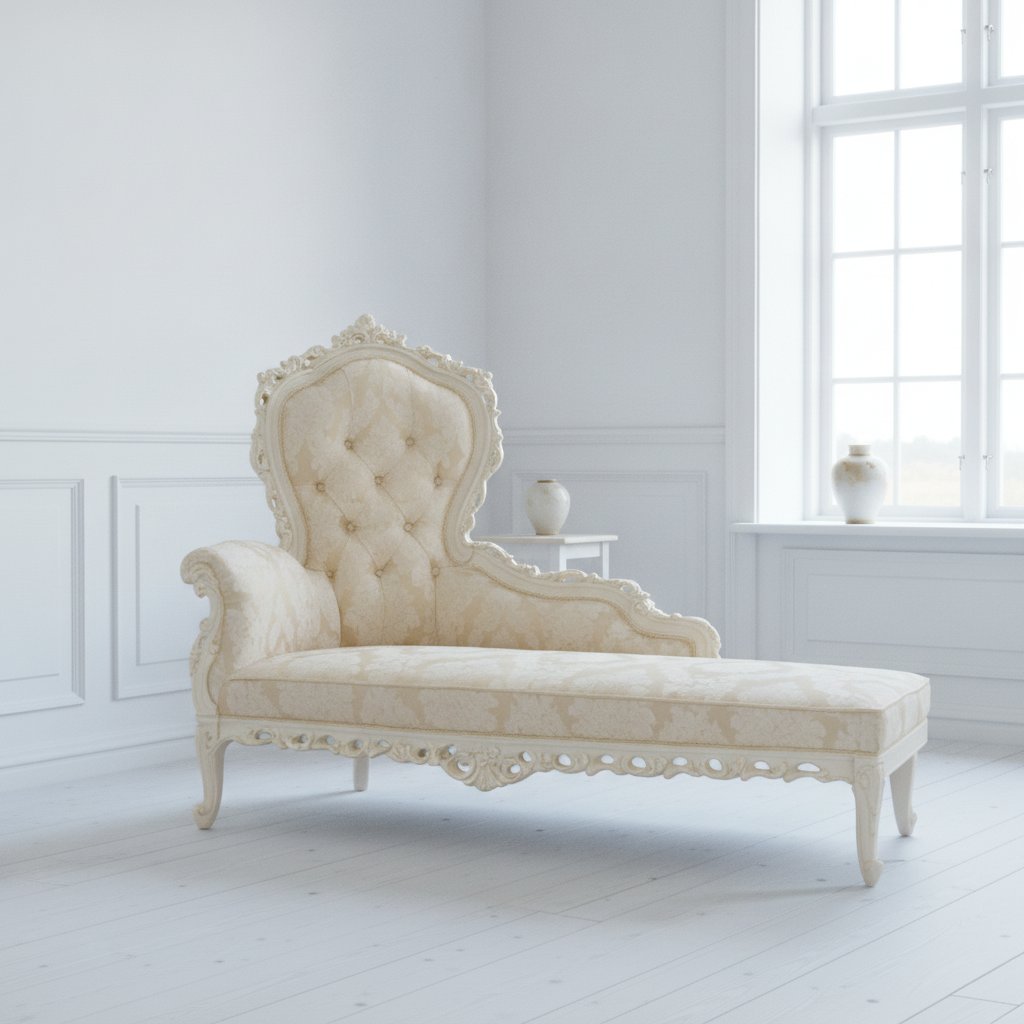 Barock schäslong i creme och guld vid ett fönster från Casa Padrino