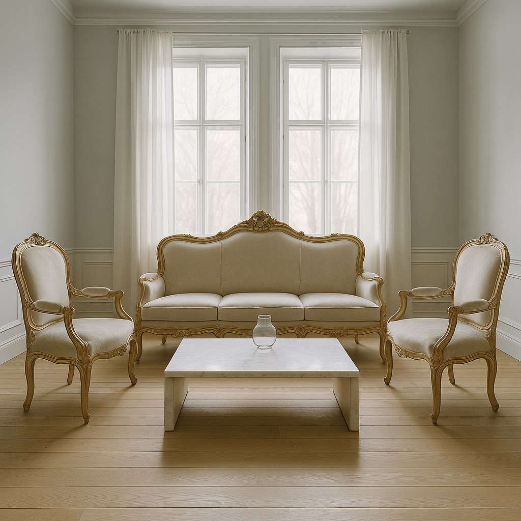 Barock soffgrupp med soffa och fåtöljer i creme sammet i ett ljust svenskt vardagsrum från Casa Padrino