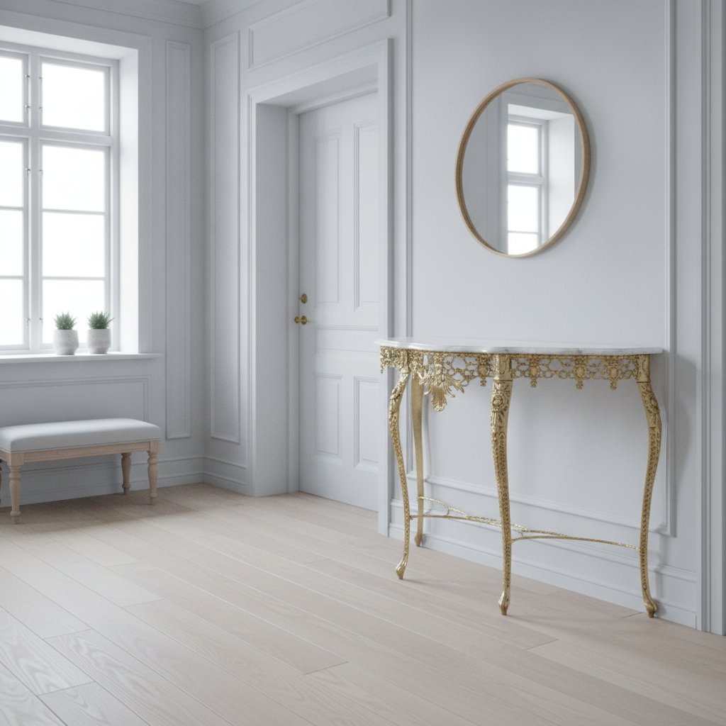 Barockhall med konsolbord i guld och vitt med marmorskiva vid ytterdörren från Casa Padrino