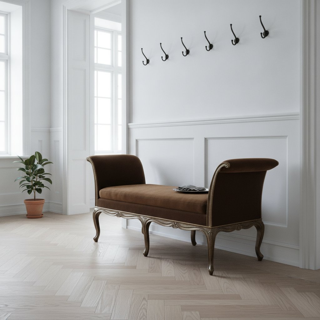 Bänk i barock i mörkbrun sammet i en ljus barockhall från Casa Padrino