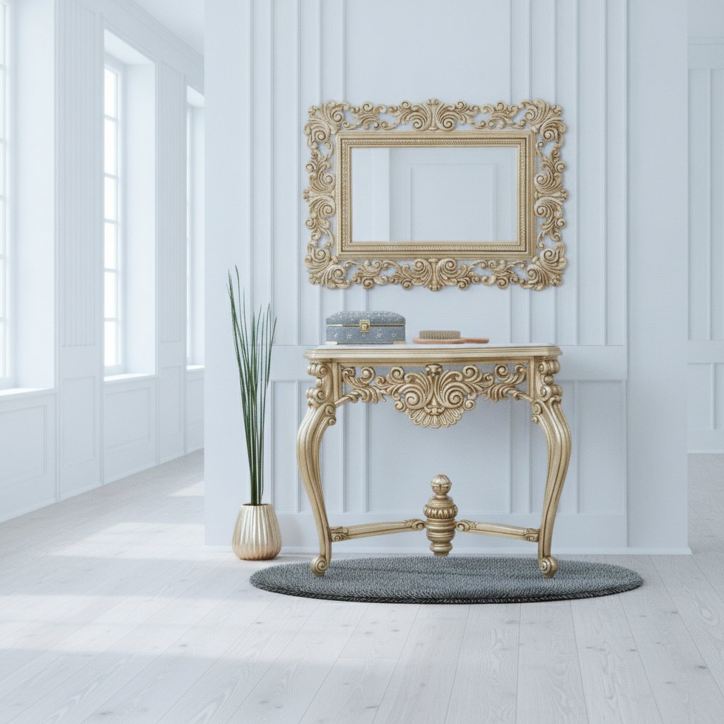 Barockhall med konsolbord och förgylld väggspegel i en ljus svensk entré från Casa Padrino