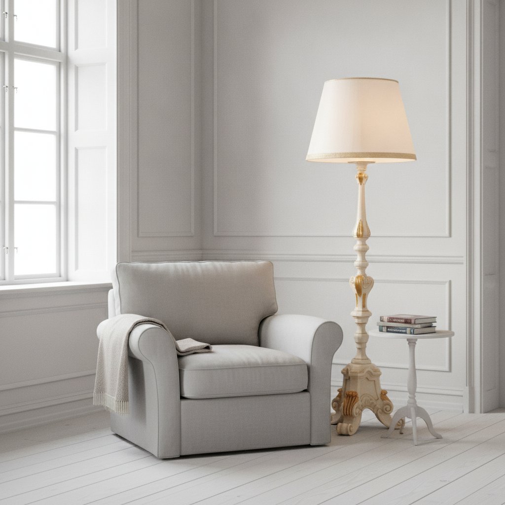 Barocklampa som golvlampa i elfenben och guld vid en läsfåtölj från Casa Padrino