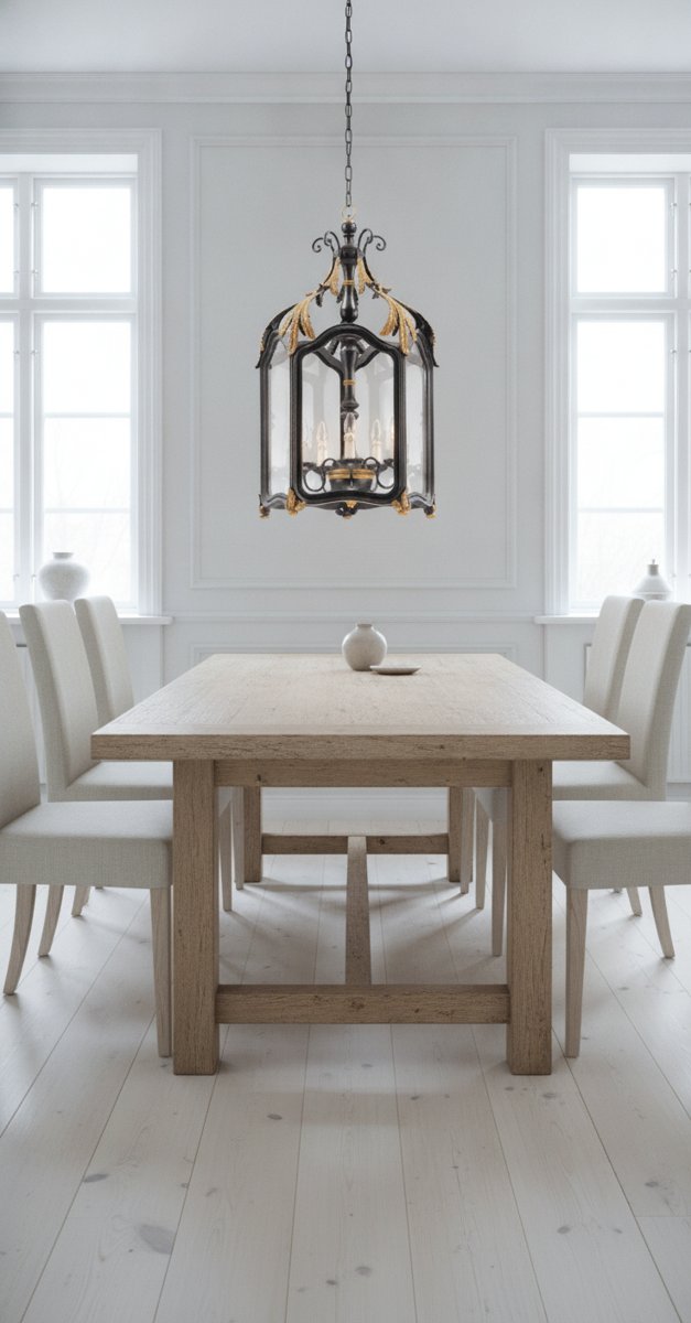 Barocklampa som taklampa i svart och guld över ett matbord i en ljus svensk matsal från Casa Padrino
