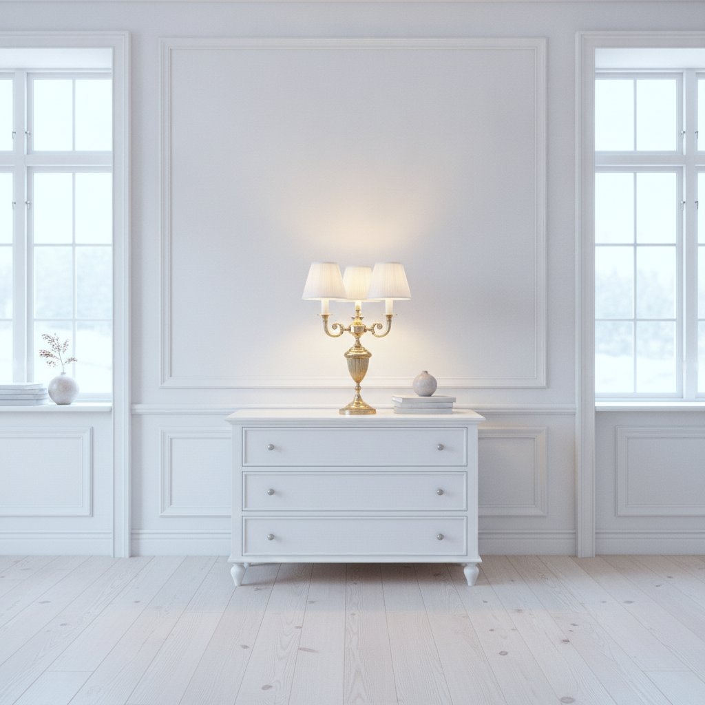 Barocklampor: bordslampa i brons med vit skärm på en byrå i ett ljust svenskt vardagsrum från Casa Padrino