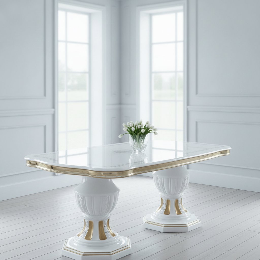 Barockmatbord i vitt och guld i ett ljust svenskt rum från Casa Padrino