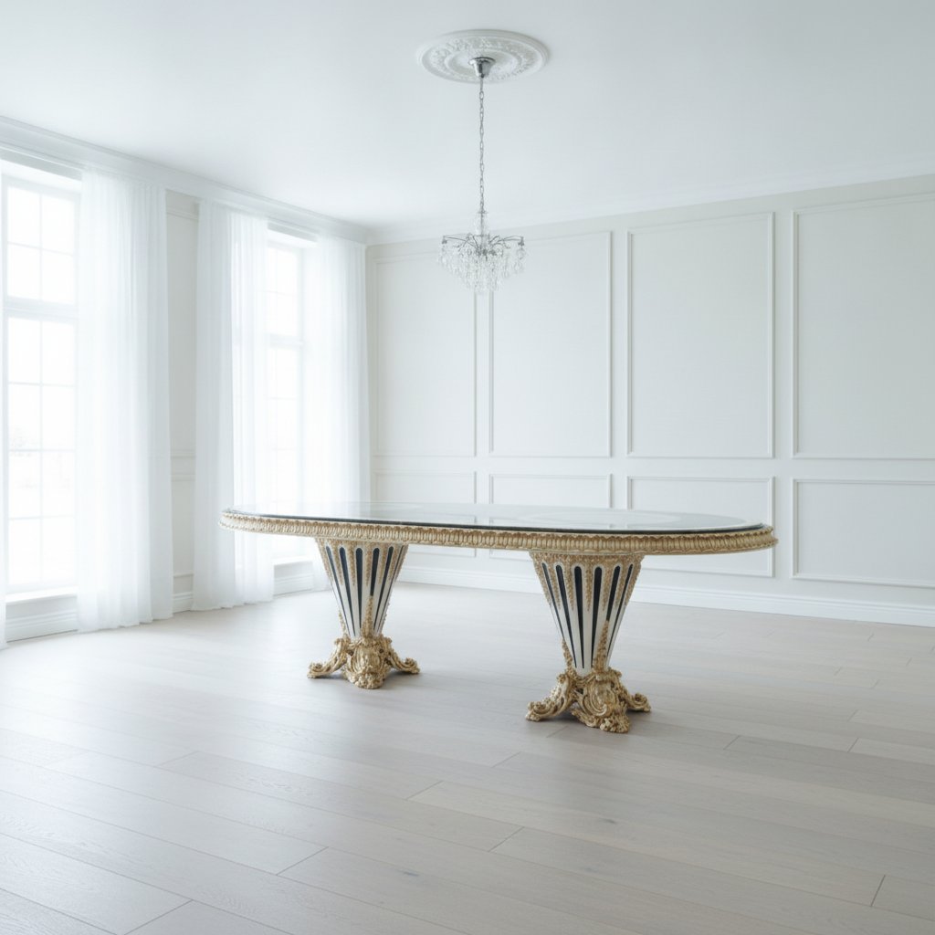 Ovalt barockmatbord i vitt, blått och guld i en ljus svensk matsal från Casa Padrino
