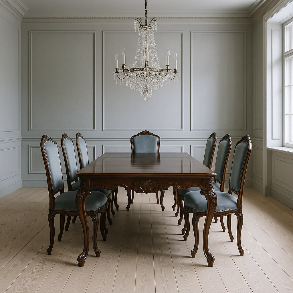Barockmatgrupp med snidat matbord och stolar i sammet i en svensk matsal från Casa Padrino