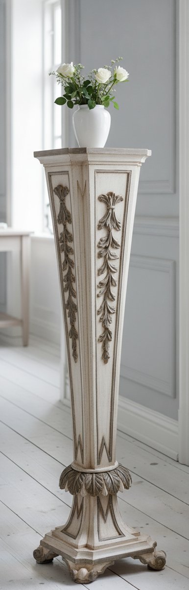 Barockpelare i krämvitt och guld med blomvas i en ljus svensk hall från Casa Padrino