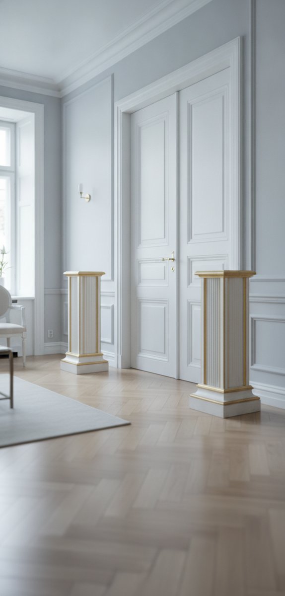 Två barockpelare i antikvitt och antikguld på var sida om en dubbeldörr i en svensk sekelskiftesvåning från Casa Padrino
