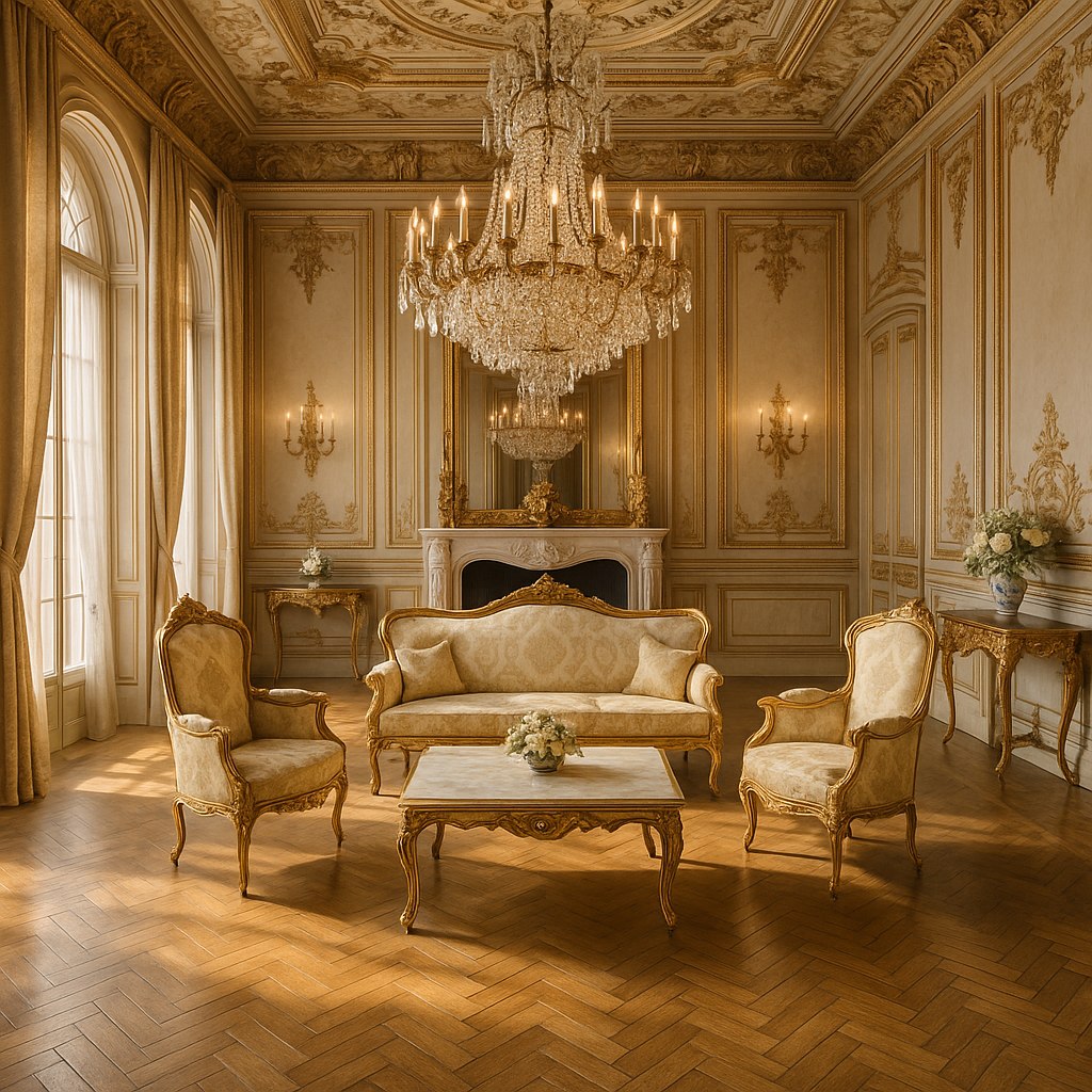 Barocksalong med kristallkrona, parkettgolv och barock sittgrupp från Casa Padrino