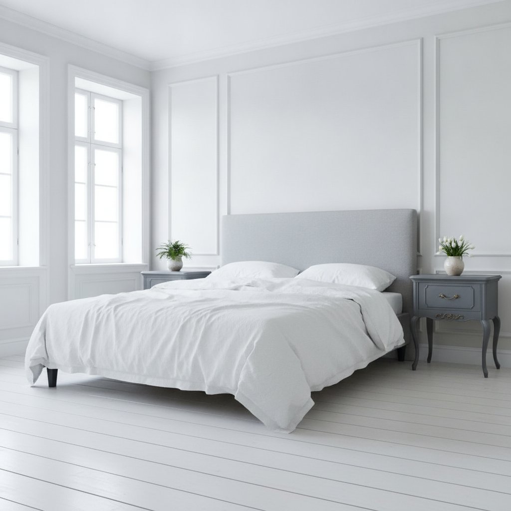 Två barocksängbord i grått på var sin sida om en säng från Casa Padrino