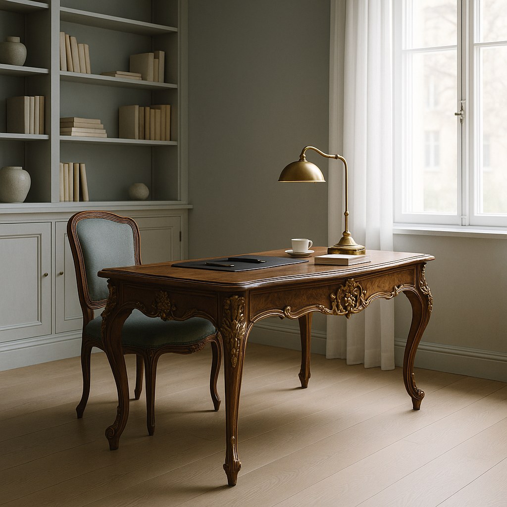 Barockskrivbord i mörkt trä med snidade ben och stol i ett svenskt arbetsrum från Casa Padrino