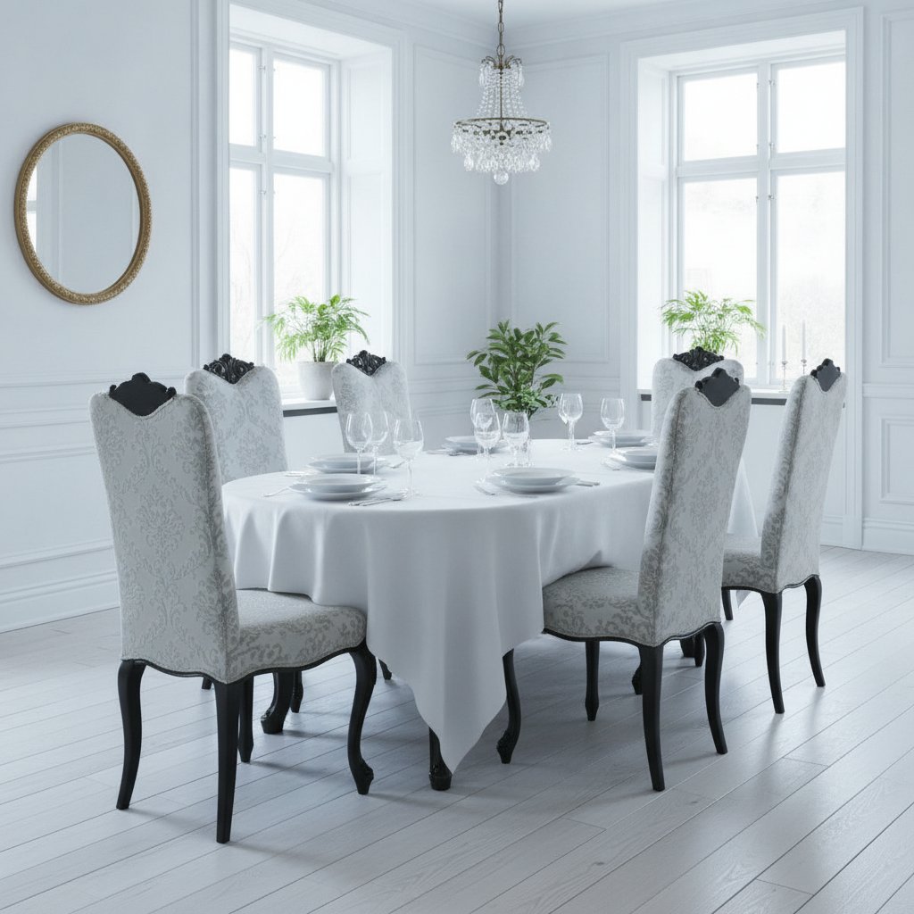 Barockstolar med hög rygg i ljusgrått och svart i en hotellmatsal från Casa Padrino