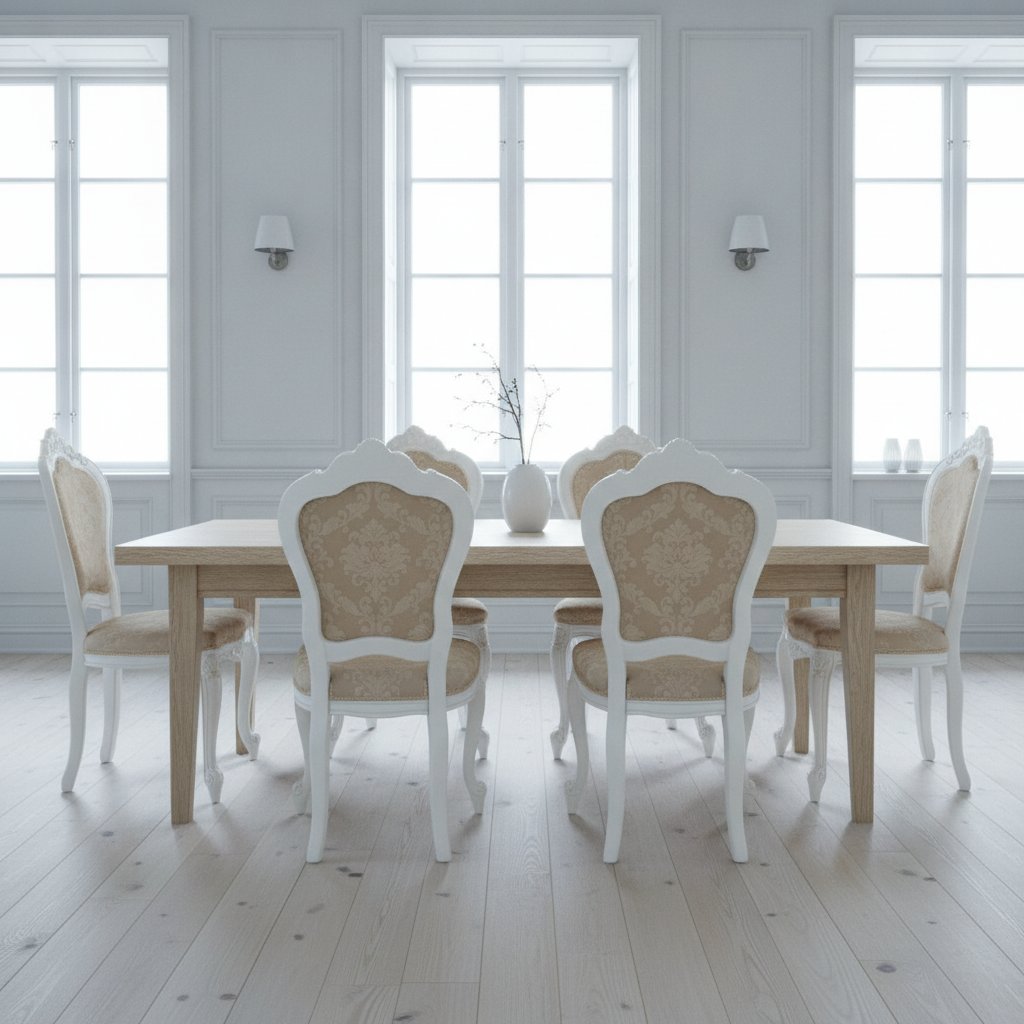 Barockstolar i beige och vitt runt ett långt matbord i en ljus svensk matsal från Casa Padrino
