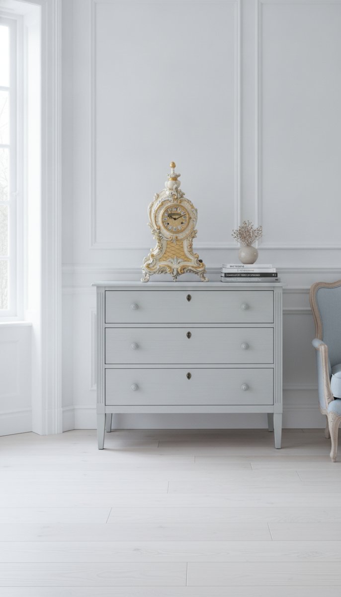 Barockur som bordsur i krämvitt och guld på en byrå i ett ljust svenskt vardagsrum från Casa Padrino