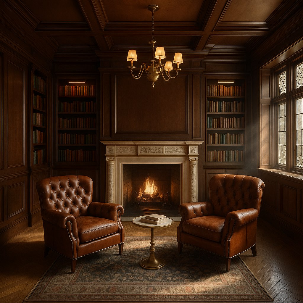 Bibliotek i en Djursholmsvilla med läderfåtöljer från Casa Padrino