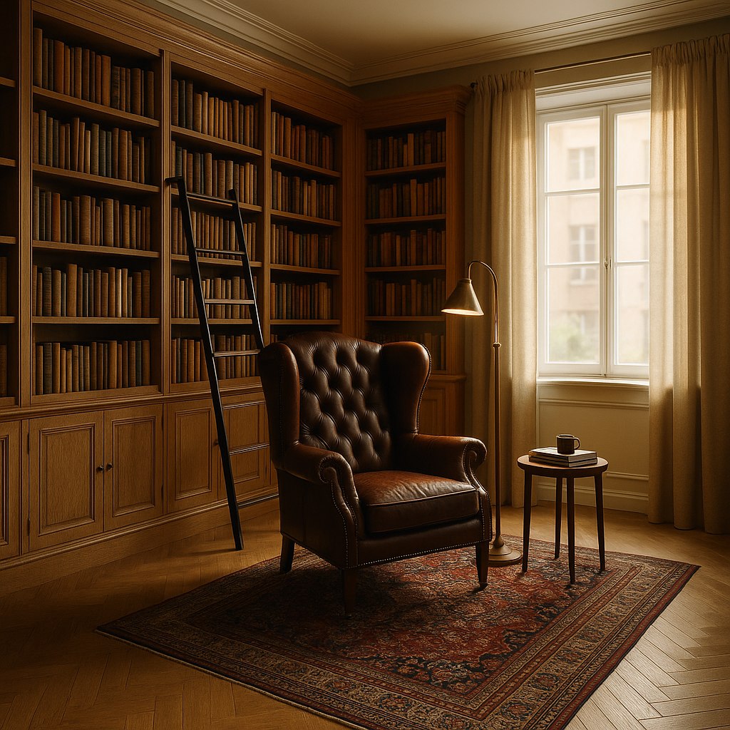 Bibliotek i Lund med bokhyllor och läderfåtölj från Casa Padrino