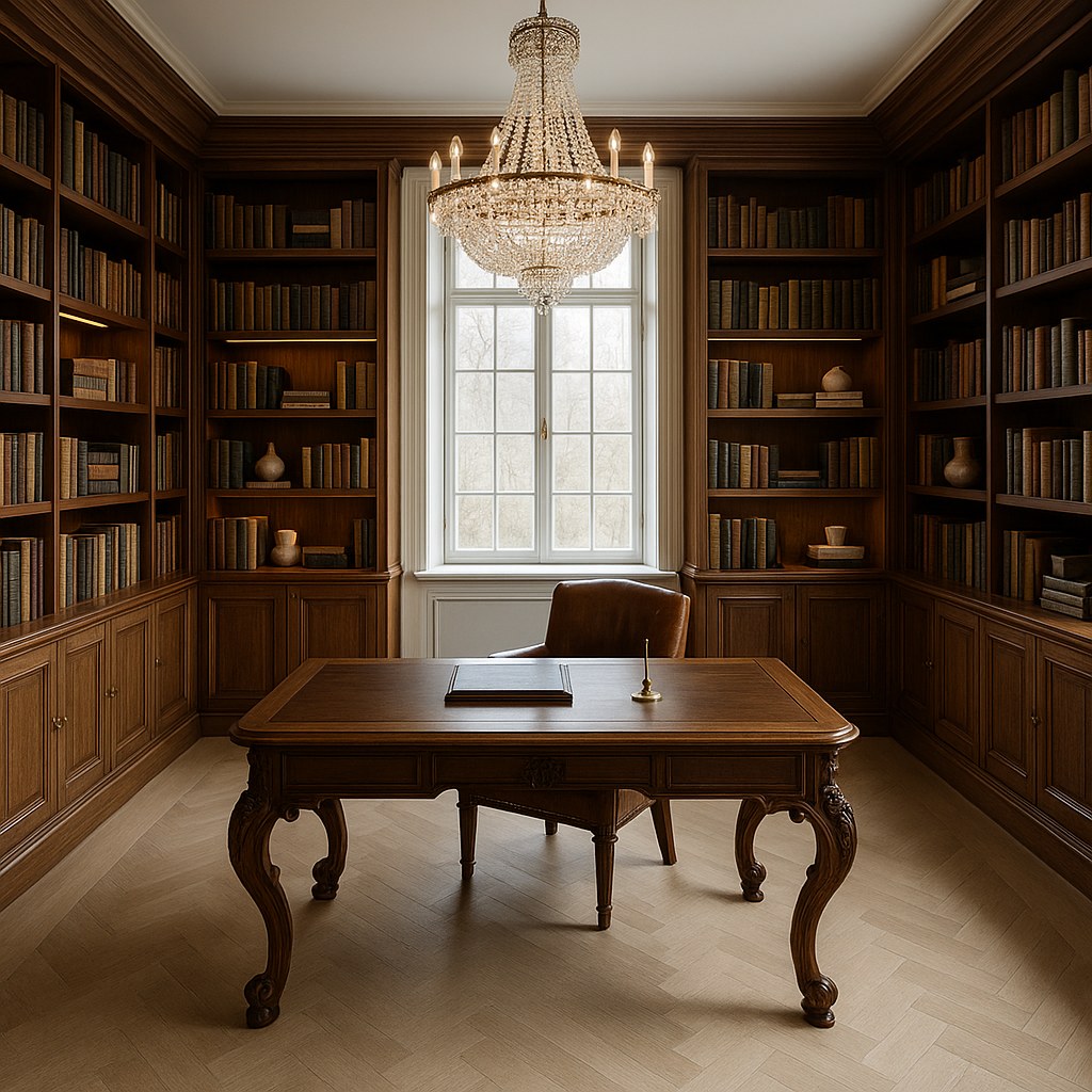 Privat bibliotek med stort barockskrivbord, bokhyllor och kristallkrona från Casa Padrino