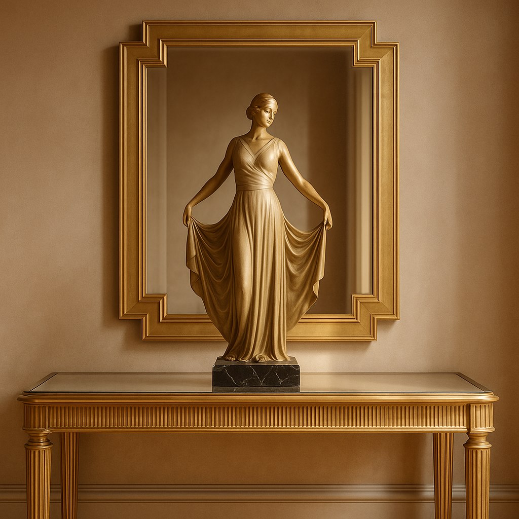 Bronsfigur i art déco-stil på förgyllt konsolbord från Casa Padrino