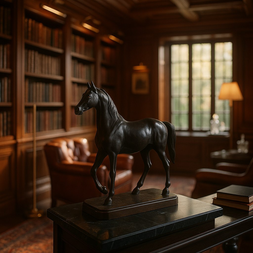 Bronshäst med mörk patina i ett elegant bibliotek från Casa Padrino