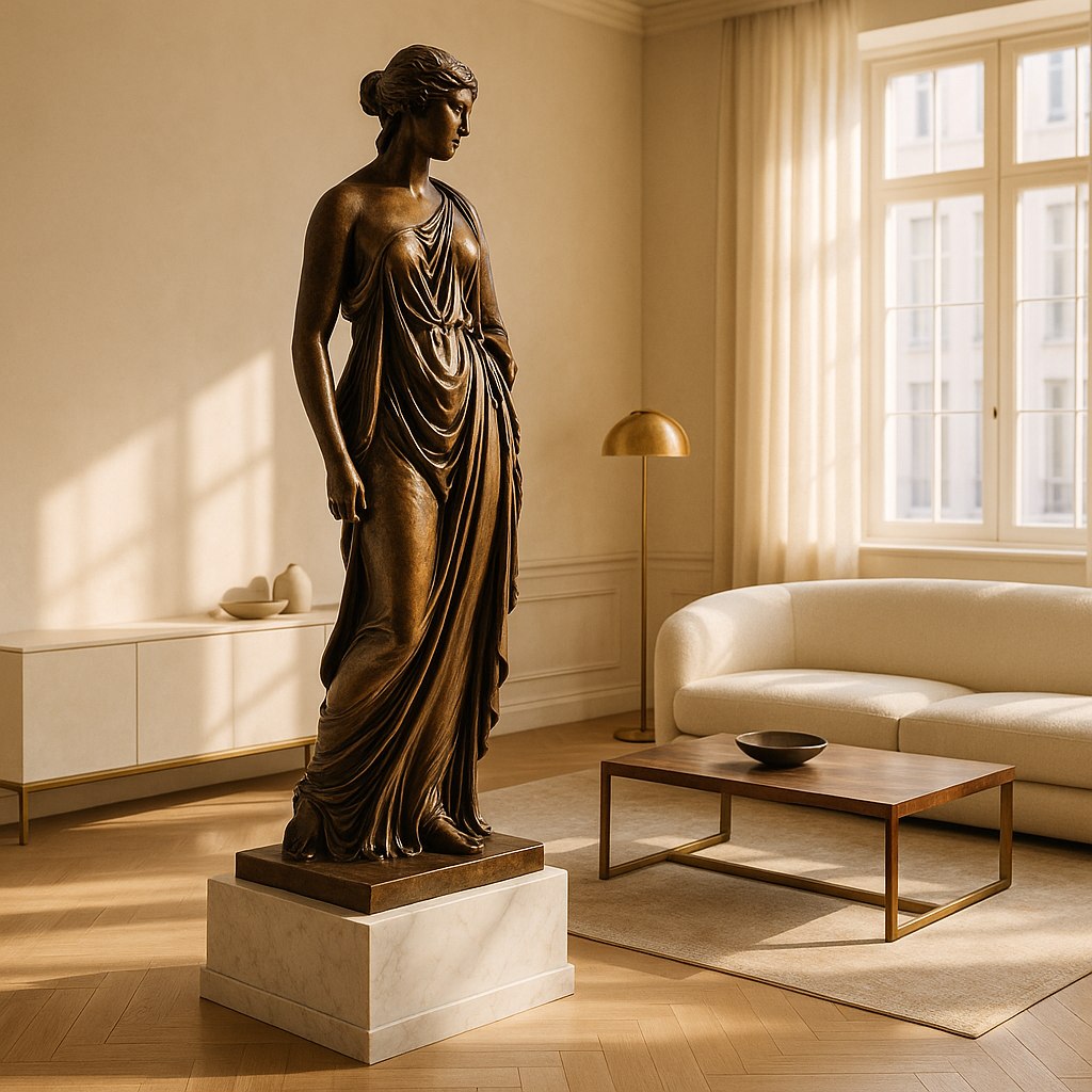 Bronsskulptur av kvinnofigur på marmorsockel från Casa Padrino