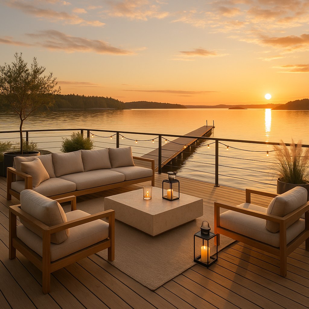 Terrass vid Mälaren med loungemöbler och lyktor från Casa Padrino