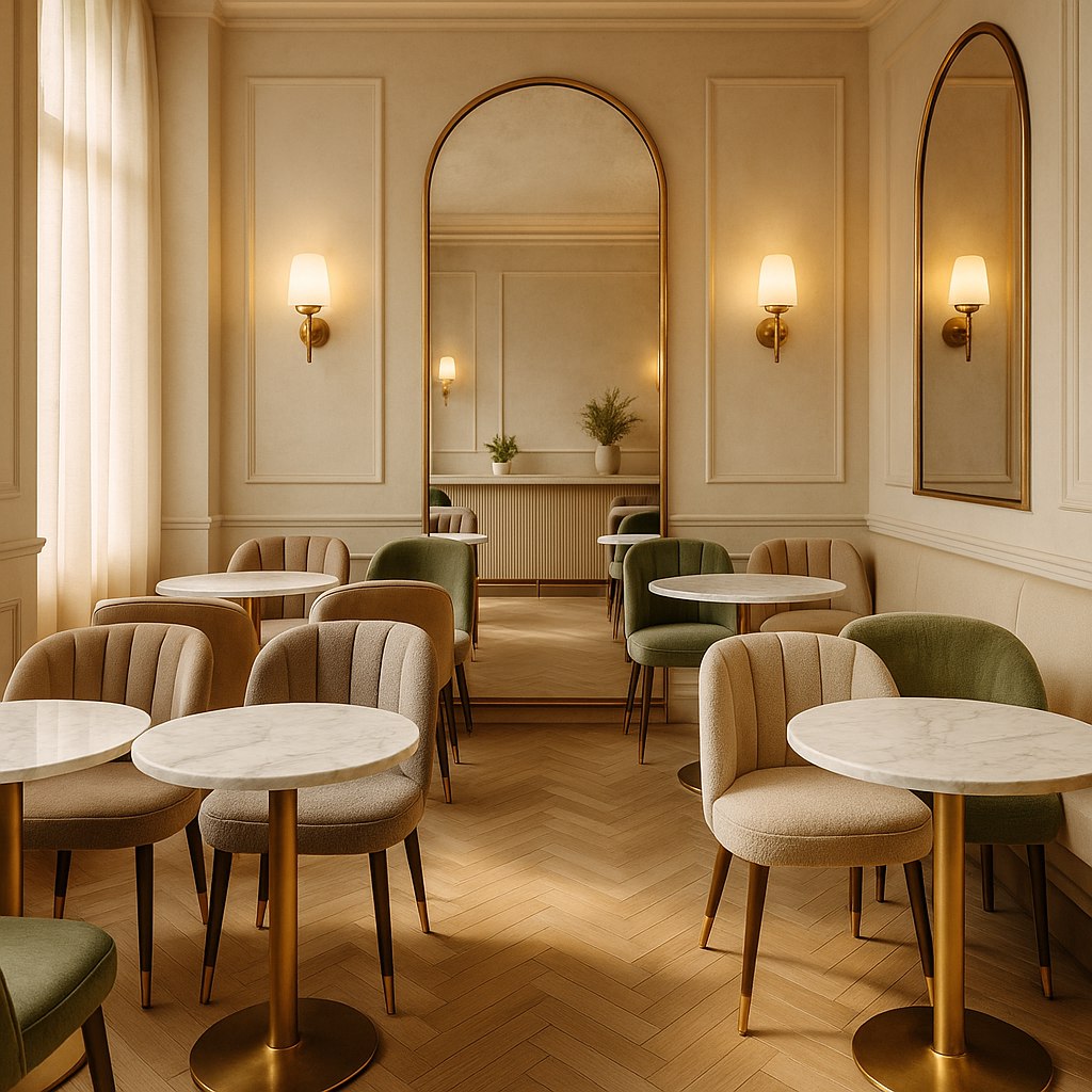 Caféinredning med runda marmorbord och stoppade stolar från Casa Padrino