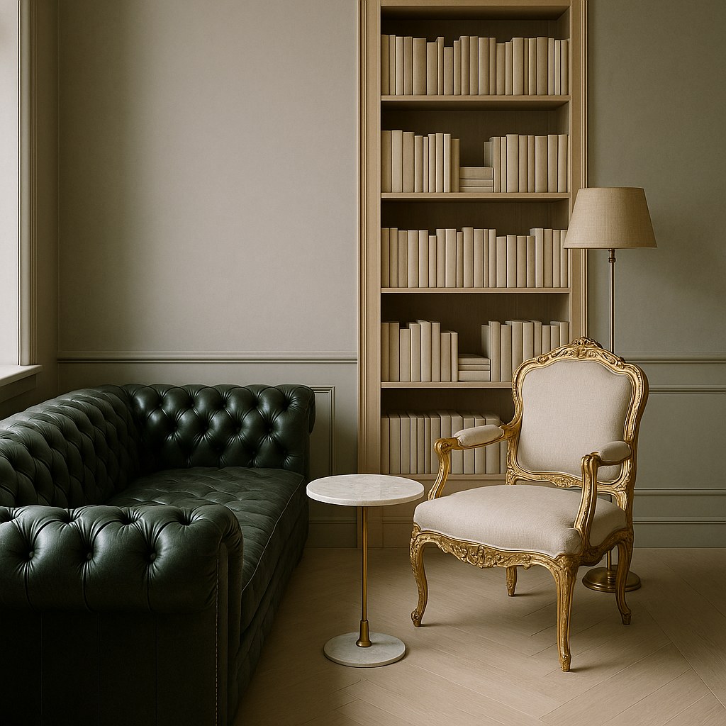 Chesterfieldsoffa i grönt läder och förgylld barockfåtölj i ett bibliotek från Casa Padrino