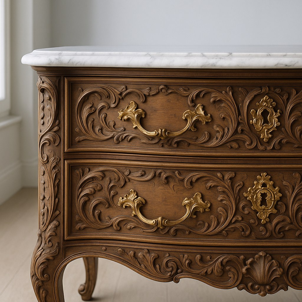 Detalj av en snidad barockbyrå med svängda lådfronter och förgyllda bronshandtag från Casa Padrino