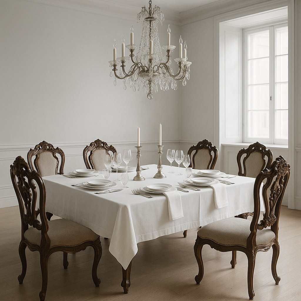 Dukat barockmatbord med linne, kristallglas och silverljusstakar från Casa Padrino
