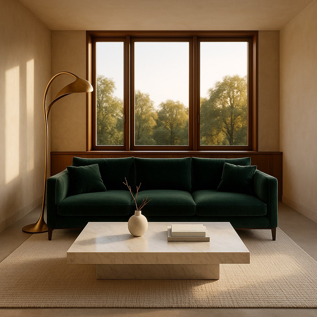 Exklusivt vardagsrum med designsoffa i sammet och marmorbord från Casa Padrino
