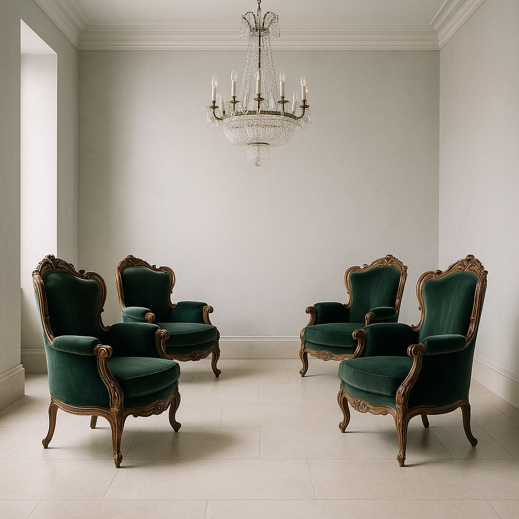Fyra barockfåtöljer i grön sammet i lobbyn på ett svenskt lyxhotell från Casa Padrino