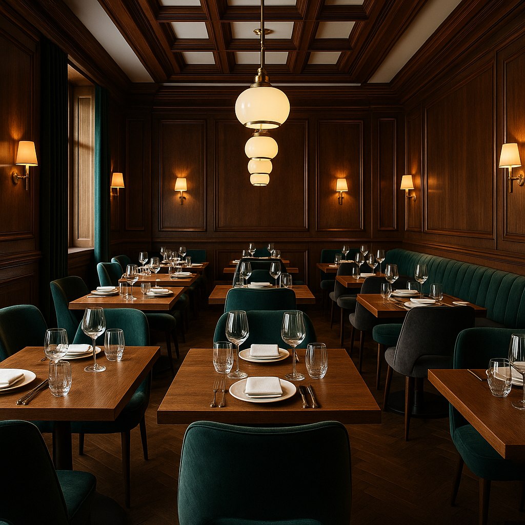 Finrestaurang med mörka matbord och matstolar i sammet från Casa Padrino