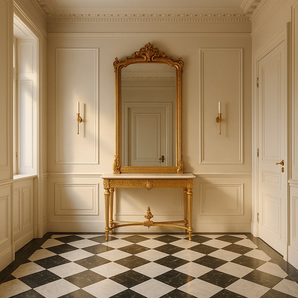 Hall med konsolbord och hög spegel i en Stockholmsvåning från Casa Padrino
