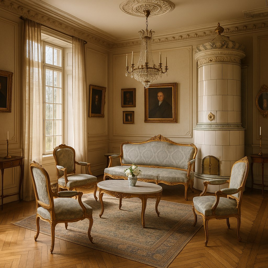 Herrgårdssalong utanför Uppsala med kakelugn och barock sittgrupp från Casa Padrino