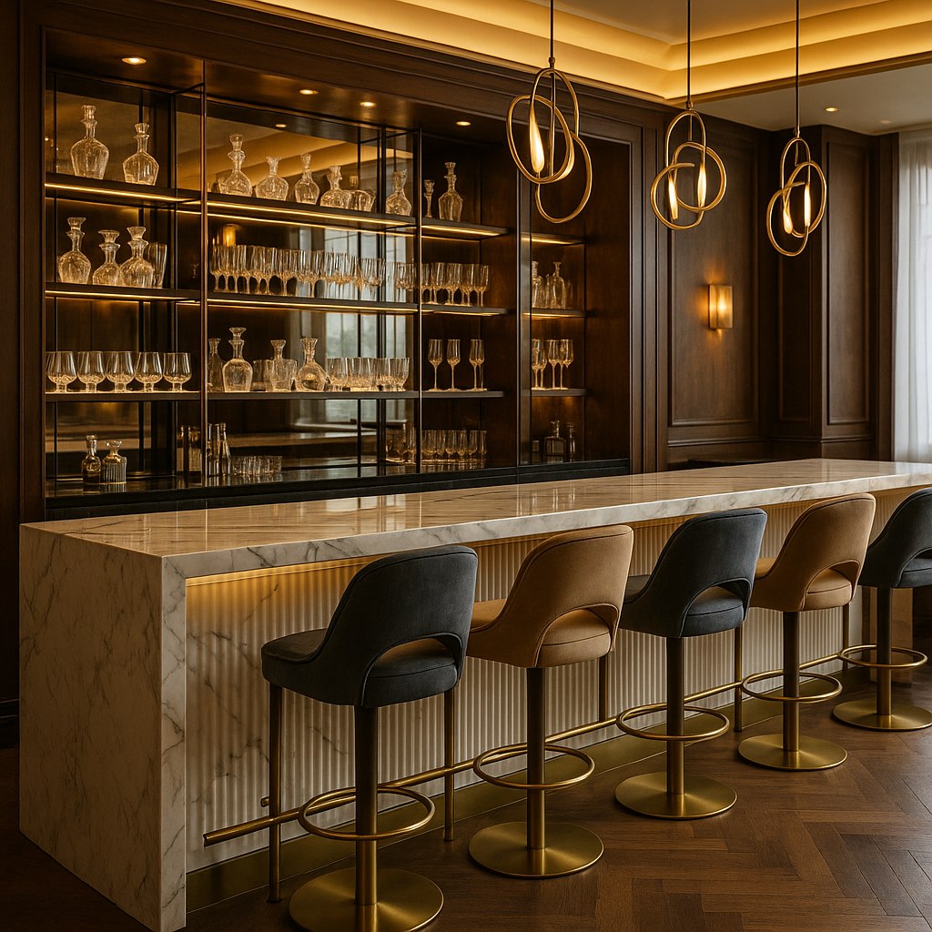 Hotellbar med höga barstolar och spegelvägg från Casa Padrino