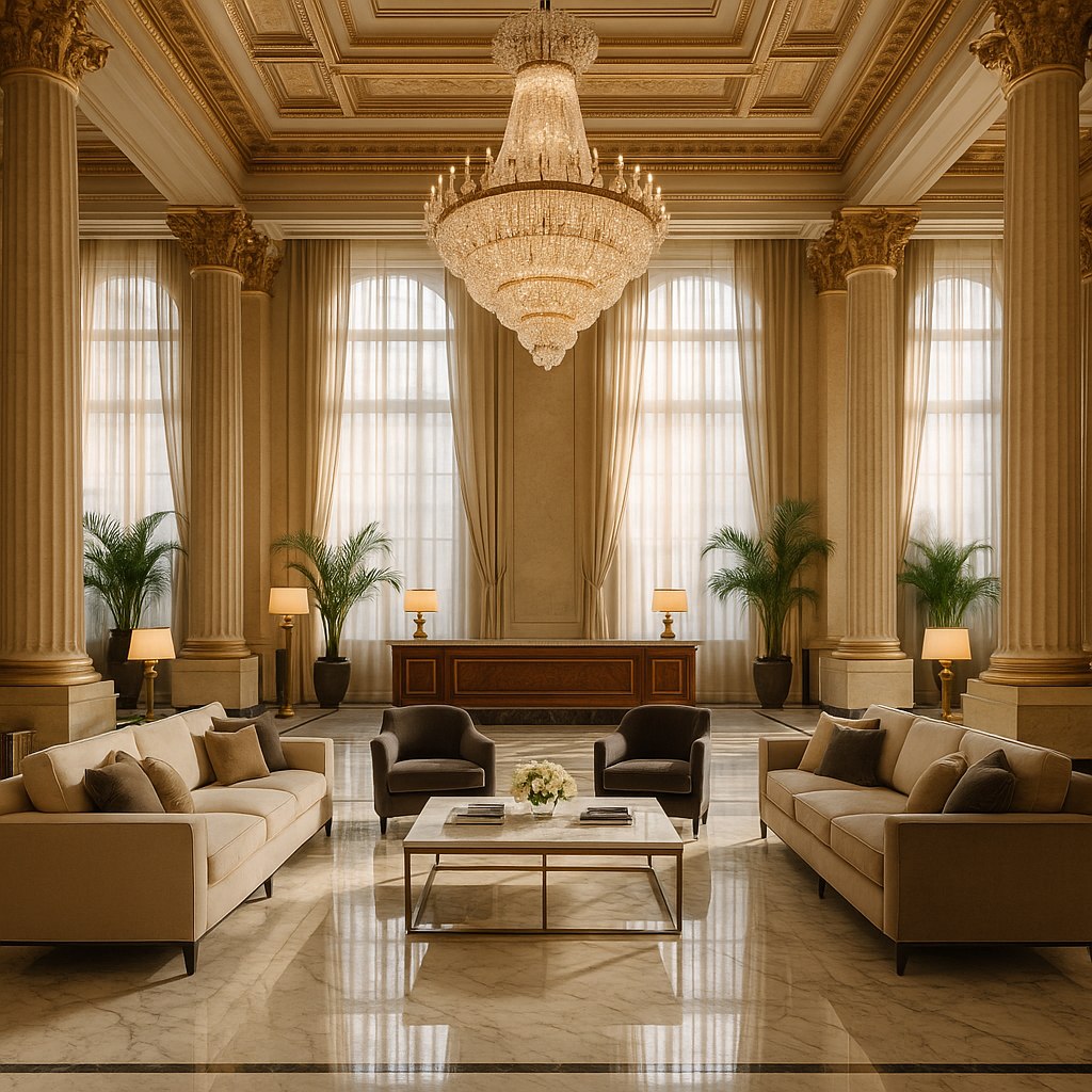 Hotellobby med lyxig sittgrupp, marmorgolv och kristallkrona från Casa Padrino