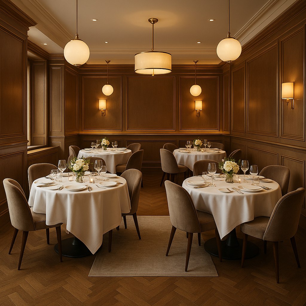 Hotellrestaurang med uppdukade bord och stoppade matstolar från Casa Padrino