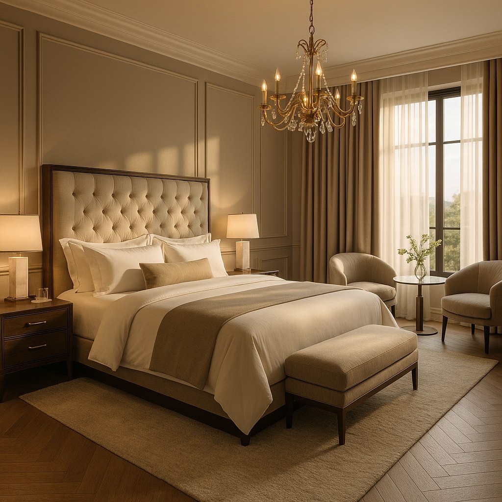 Hotellsvit med stoppad säng och elegant sittgrupp från Casa Padrino