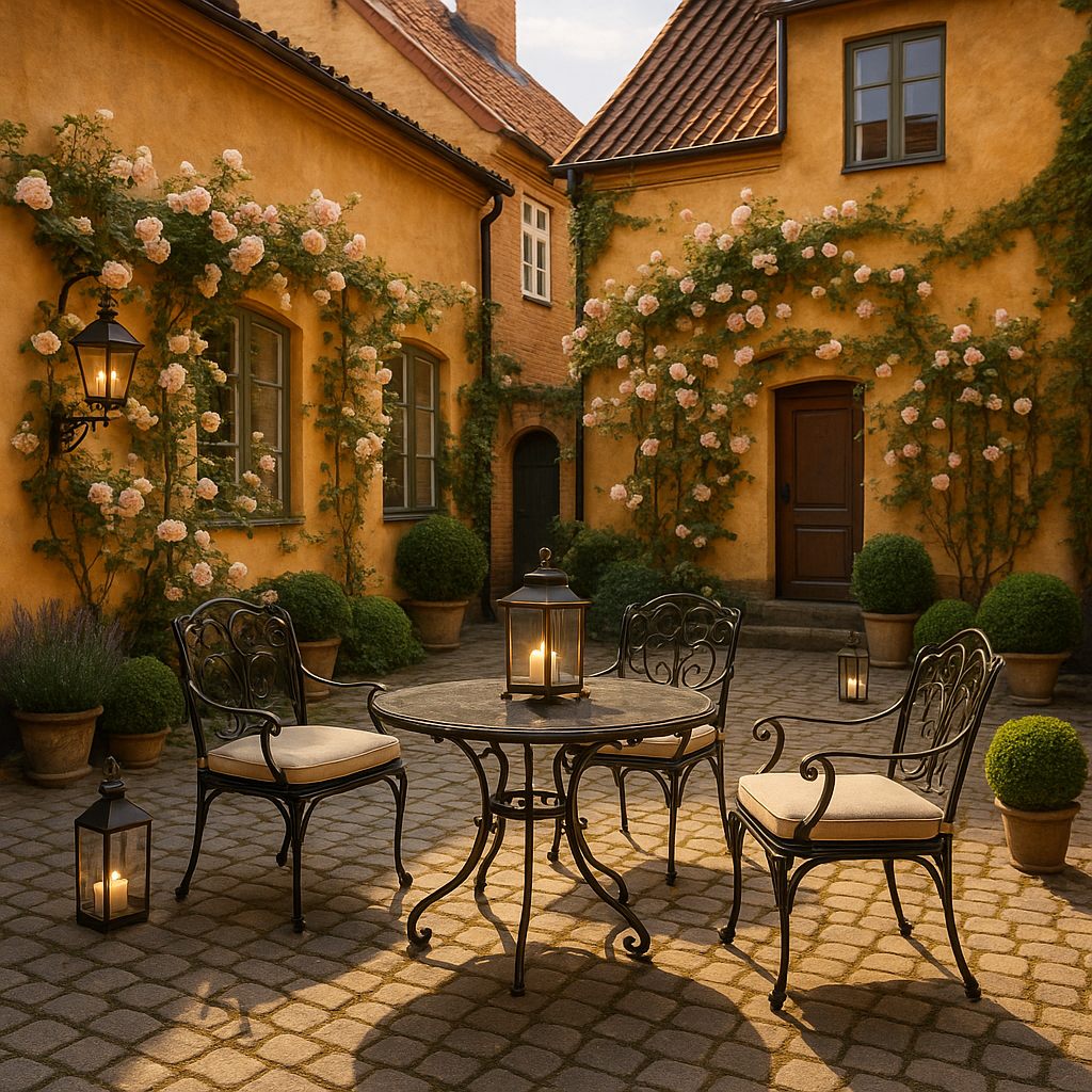 Innergård i Lund med smidesmöbler och klätterrosor från Casa Padrino