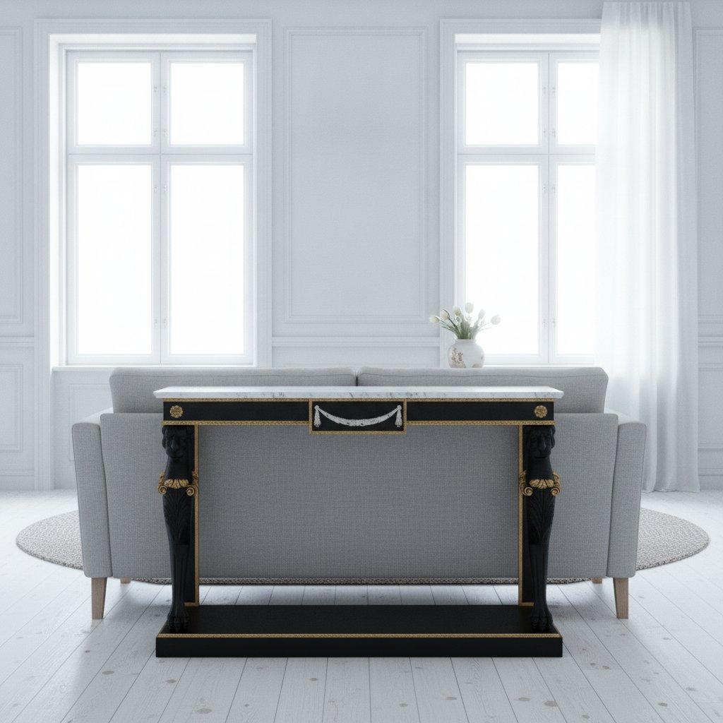 Konsolbord i barock i svart, guld och vitt bakom en soffa i ett ljust vardagsrum från Casa Padrino