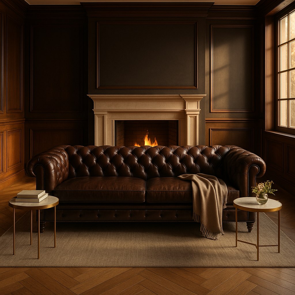 Lounge i boutiquehotell med chesterfieldsoffa och mässingsbord från Casa Padrino