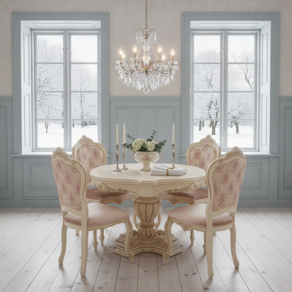 Runt barockmatbord med fyra stolar i creme och rosa under en kristallkrona i en svensk herrgårdsmatsal från Casa Padrino
