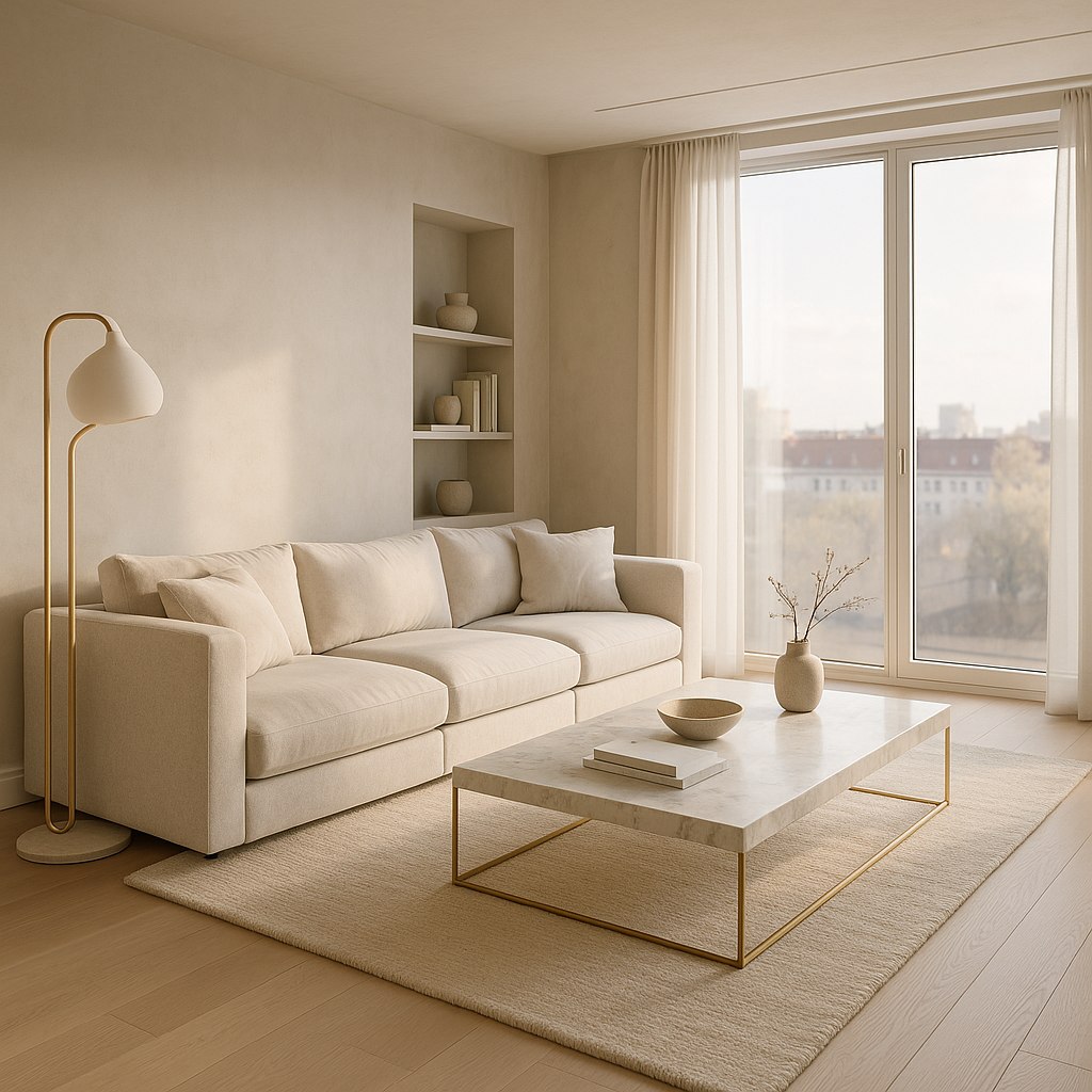 Modernt lyxvardagsrum i Malmö med designsoffa och marmorbord från Casa Padrino