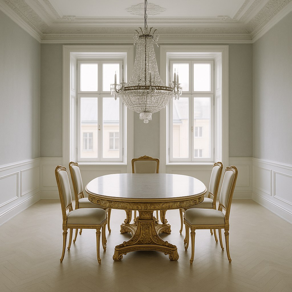 Matgrupp i barock med kristallkrona i en sekelskiftesvåning i Stockholm från Casa Padrino