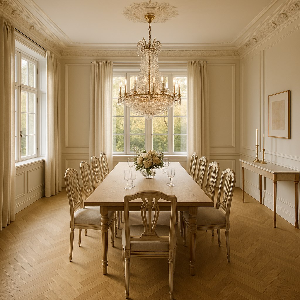 Matsal i Djursholm med långbord och kristallkrona från Casa Padrino