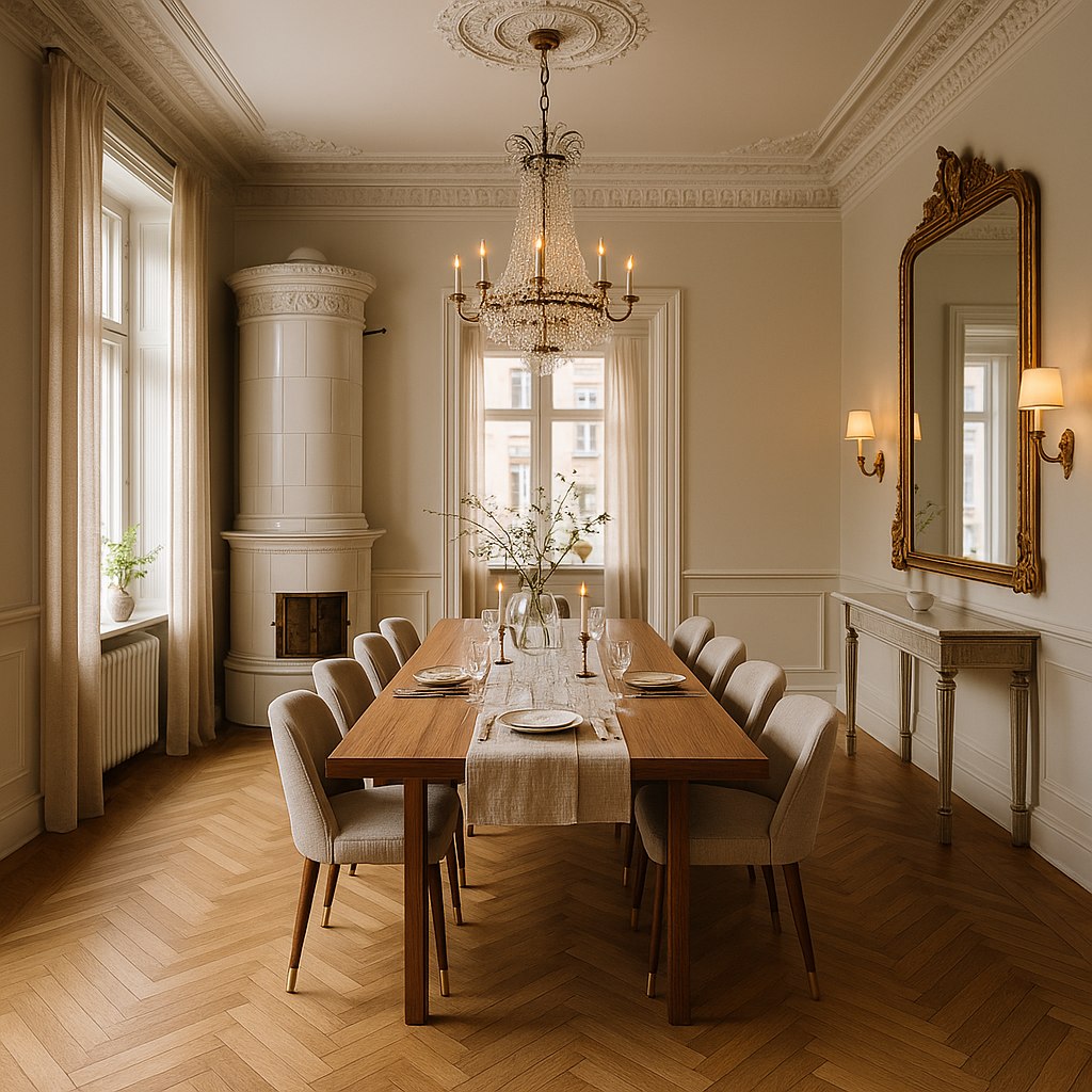 Matsal med matbord, stoppade stolar och kakelugn i en Stockholmsvåning från Casa Padrino
