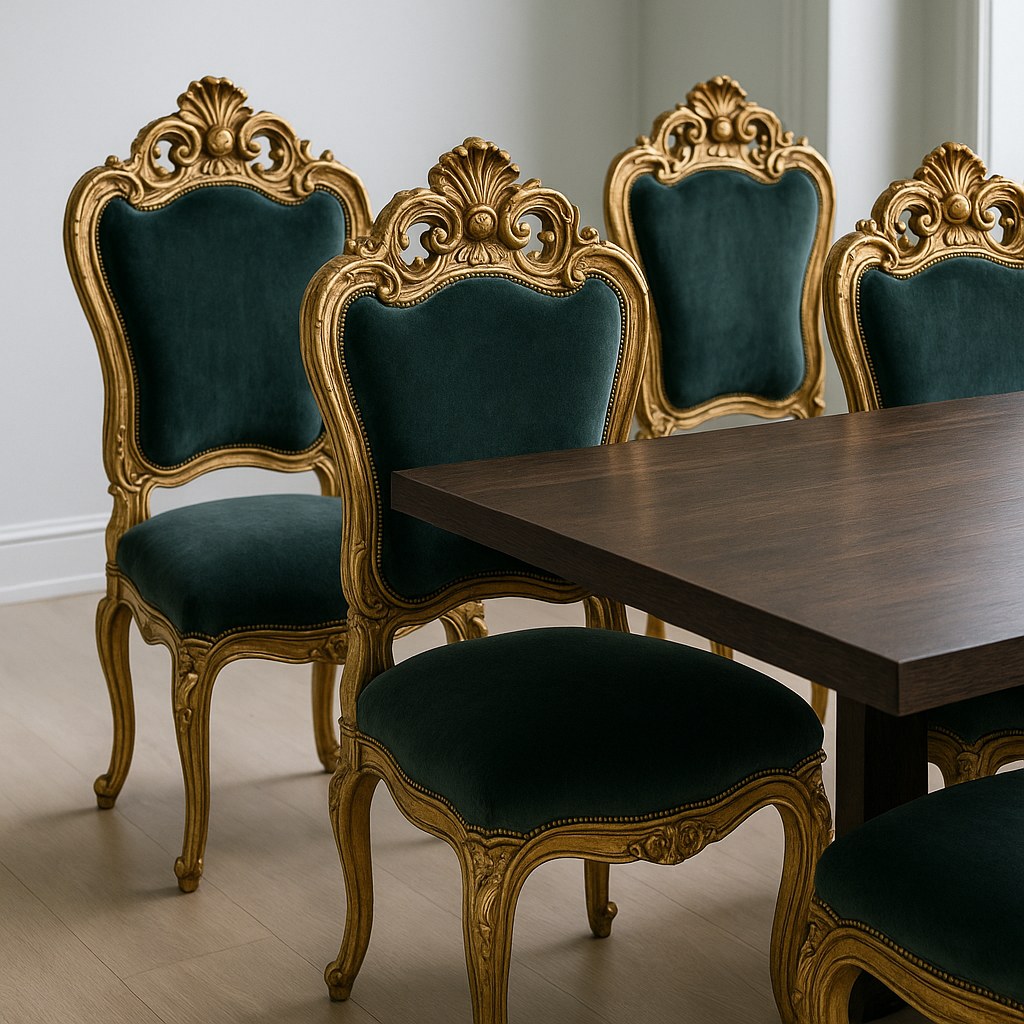 Matstolar i grön sammet med snidad och förgylld rygg runt ett barockmatbord från Casa Padrino