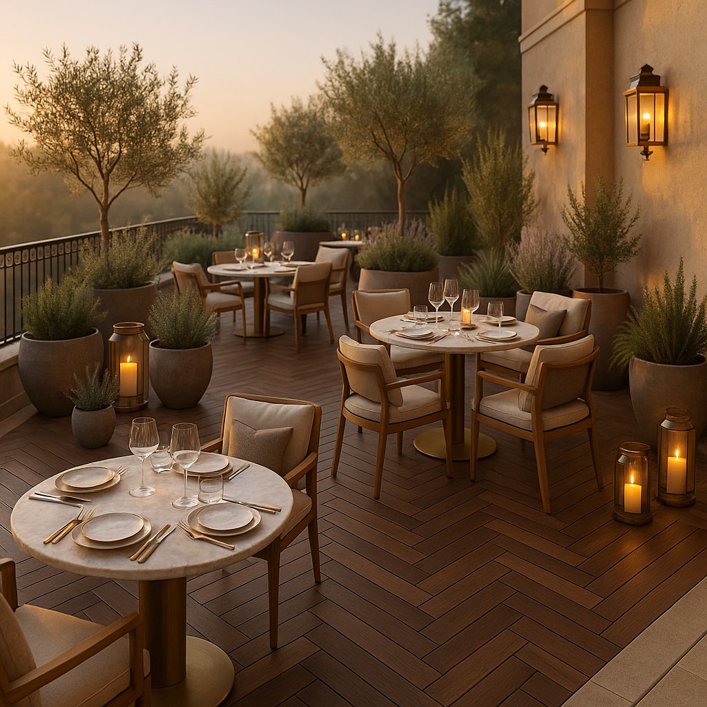 Restaurangterrass med eleganta utemöbler och lyktor från Casa Padrino