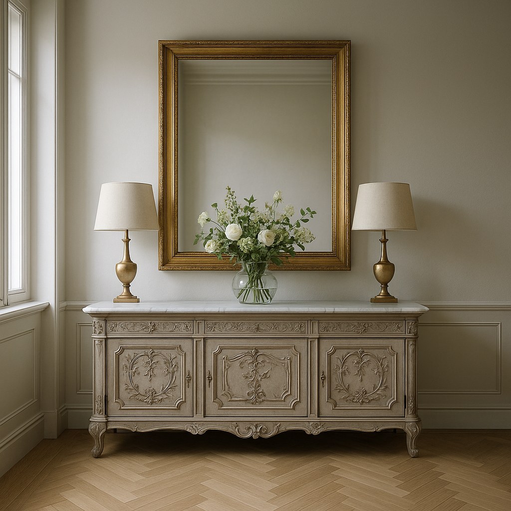 Brett barock sideboard med marmorskiva under en stor förgylld spegel i en svensk hall från Casa Padrino